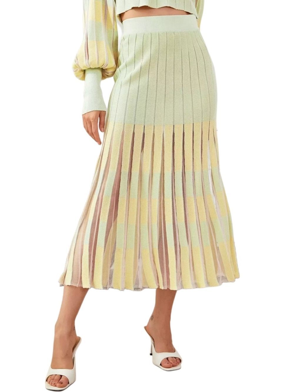 Zara Womens Yellow Mint Green Pink Pleated Knit Midi Skirt Size Medium